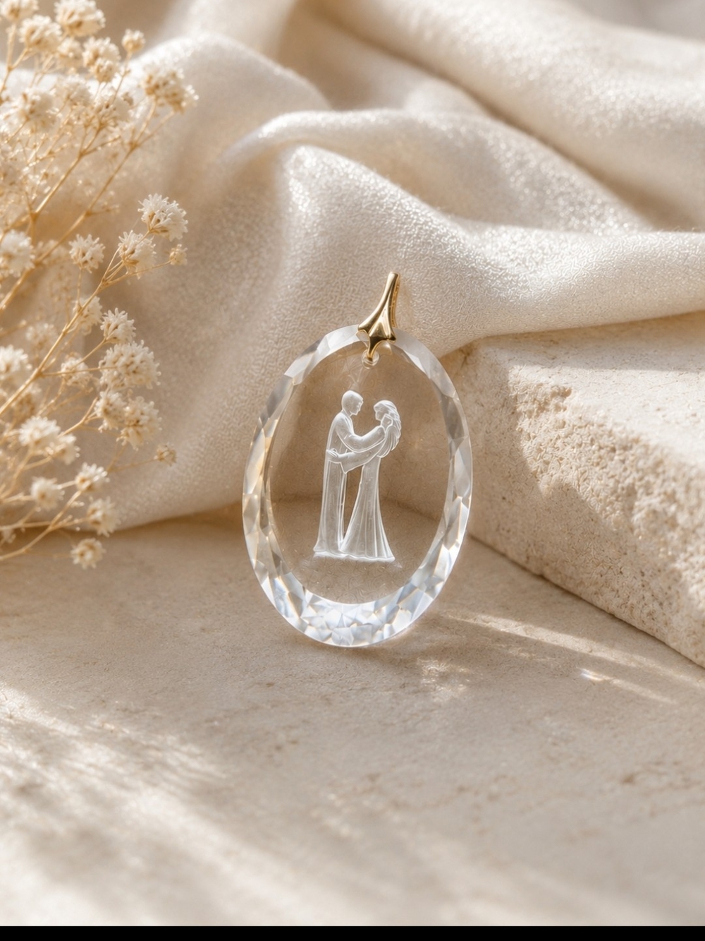 Crystal Oval Pendant Necklace - Clear Bridal Couple Design